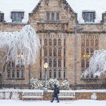 Person walks along snow-covered sidewalk on campus of Yale University. Trees and stone buildings in background.