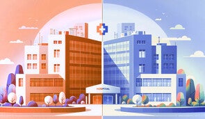 Illustration: Two halves of a hospital, one red, one blue, coming together