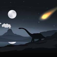 Dinosaur and volcano with asteroid