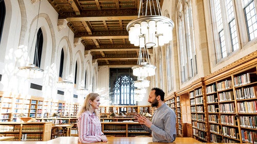 Yale Engineering’s Ruzica Piskac and Yale Law School’s Scott Shapiro in Yale’s Legal Laboratory, the Lillian Goldman Law Library.