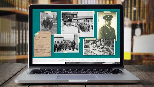 A laptop screen with images of old photographs and documents.